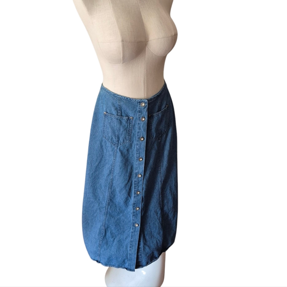 Vintage Faded Glory Blue Denim Button-Front Midi Skirt 12